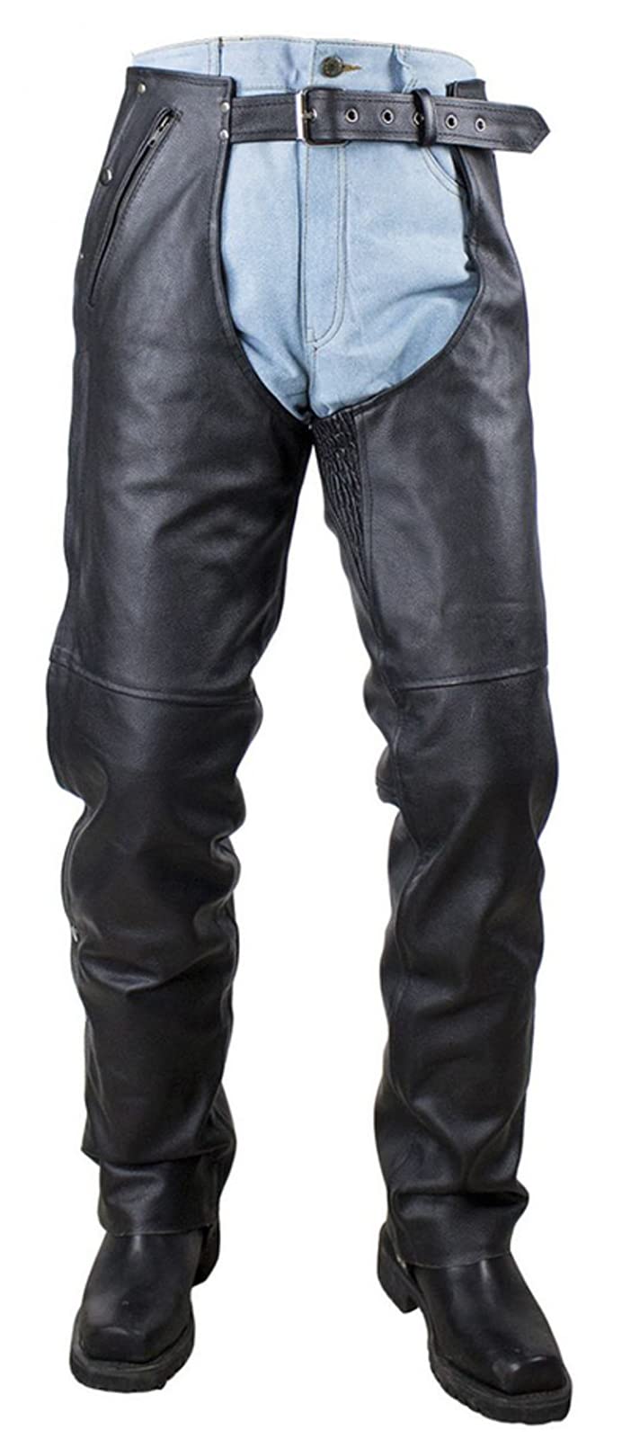 Black Leather Motorcycle Riding Chaps for Men & Women - Cowboy Biker Pants with Liner & 4 Pockets | Durable Protection for Harley, Cruiser & Adventure Riding