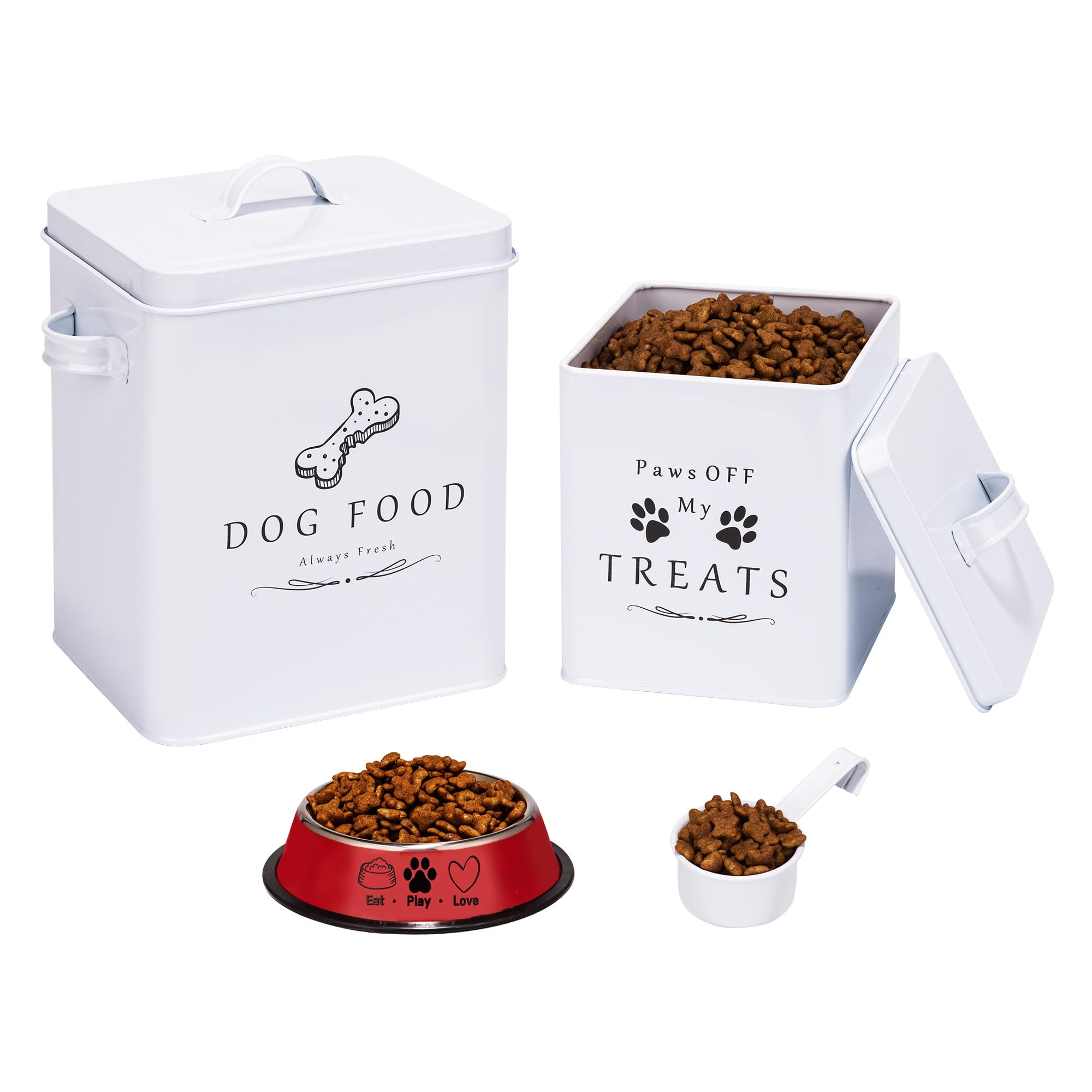 Meraki Home Small Dog Food Container with Tight Lid - Includes Feed Scoop & Pet Bowl - Farmhouse Style Metal Storage Bin for Dry Dog Food & Treats - Glossy White - Perfect for Kitchen Pantry or Pet Feeding Station Organization