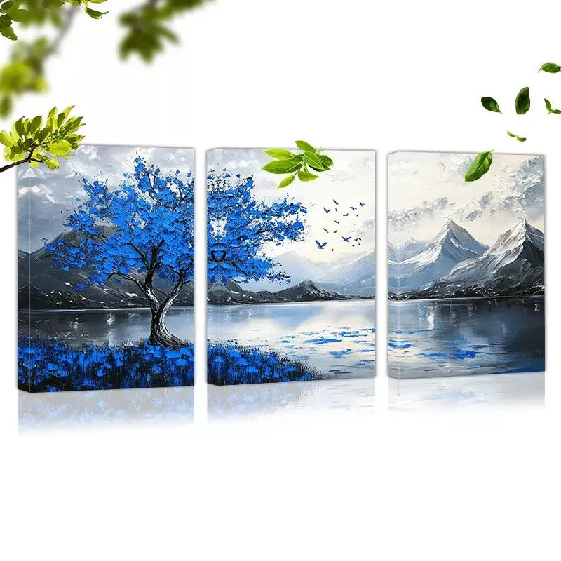 3-Piece Abstract Blue Tree Lake Mountain Painting Wall Art Set - Framed Canvas 50x70cm (20x28in) - High Quality Print - 100% Australian Made - Ready to Hang - Perfect for Living Room, Bedroom & Office Decor
