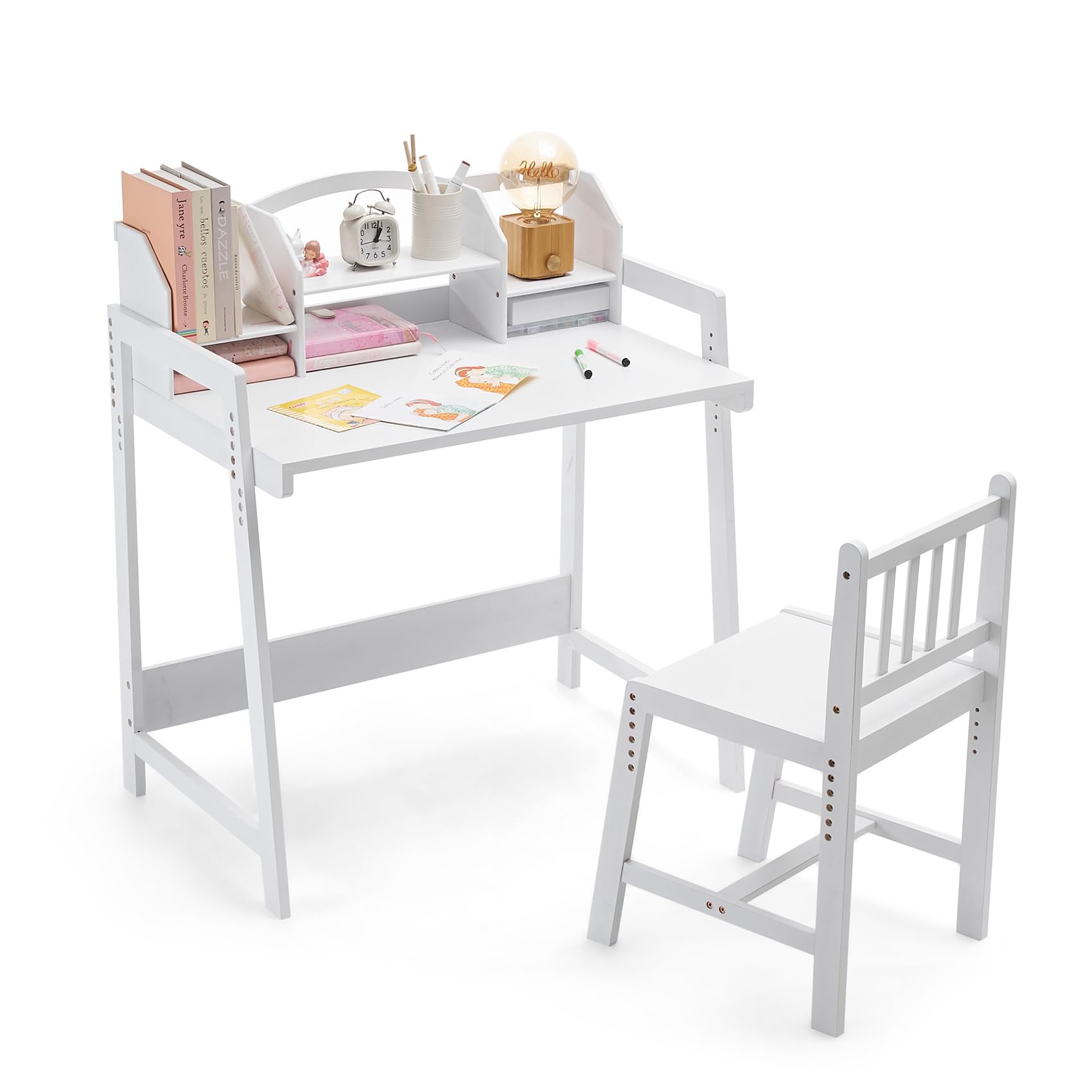 UNICOO Adjustable Height Bamboo Kids Desk and Chair Set - Ergonomic Study Desk for Children, Perfect for Writing, Drawing & Homework - Eco-Friendly & Durable Kids Furniture for Bedroom, Classroom & Homeschooling (White)