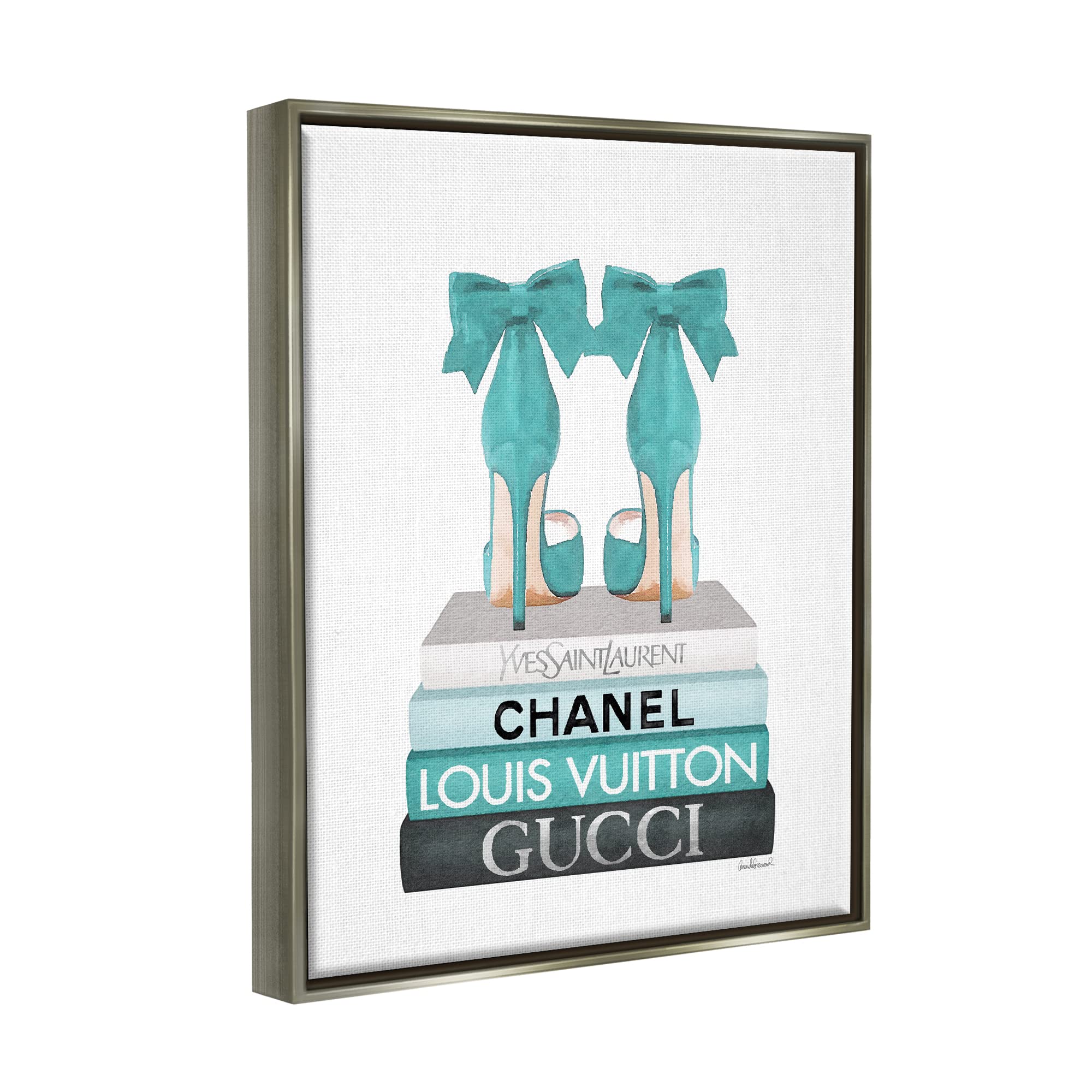 Stupell Industries Turquoise Bow Heels on Books Wall Art - Women's Fashion Decor by Amanda Greenwood - Floater Frame Print - Perfect for Bedroom, Living Room & Office Decor