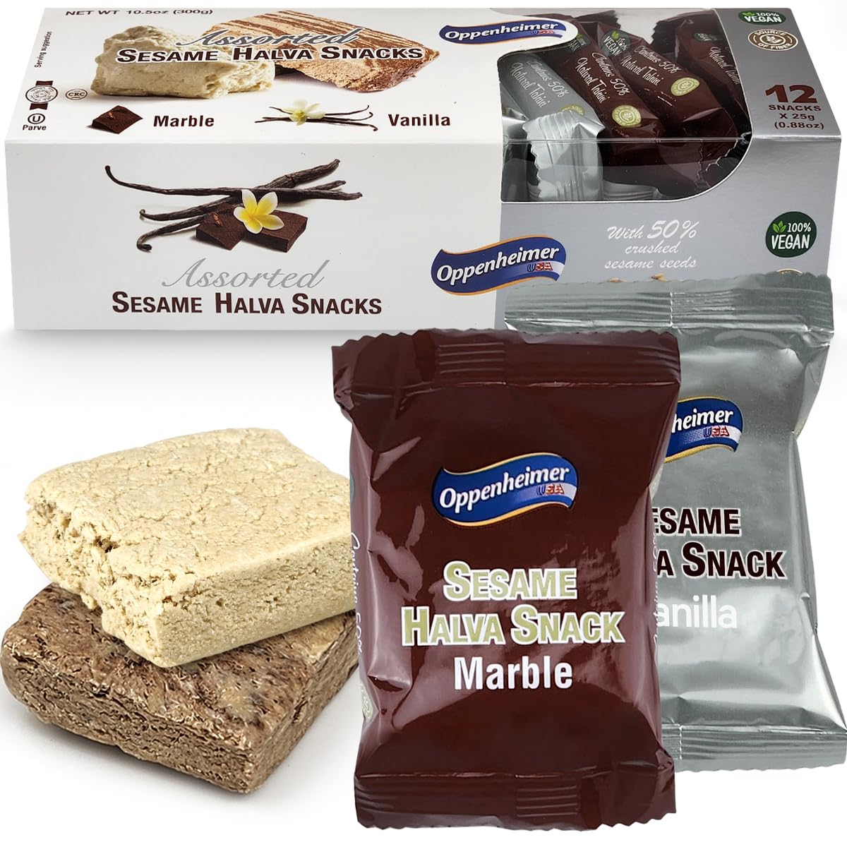 Premium Assorted Sesame Halva Snacks - Vanilla & Marble Flavored Israeli Treat Bars (12 Pack, 0.88oz Each) | Vegan, Kosher, Gluten-Free Middle Eastern Dessert | Perfect for Gifts, Tea Time & Healthy Snacking
