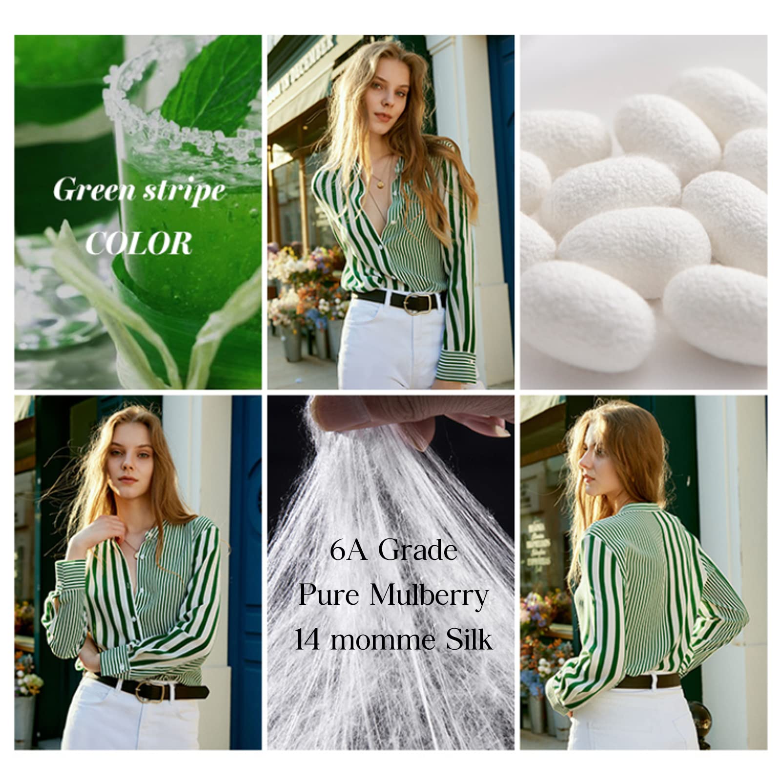 COLD POSH Women's 100% Pure Silk Blouse - Long Sleeve Button Down Shirt for Spring & Summer | Elegant Soft Classic Fit Work & Casual Tops | White & Green Striped | Perfect for Office Wear, Business Meetings & Special Occasions