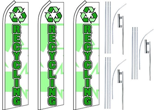 3 Swooper Flutter Feather Flags with 3 Poles & Ground Spikes - Eco-Friendly Recycling Logo in White & Green - Perfect for Outdoor Events, Sports Games, and Business Promotions