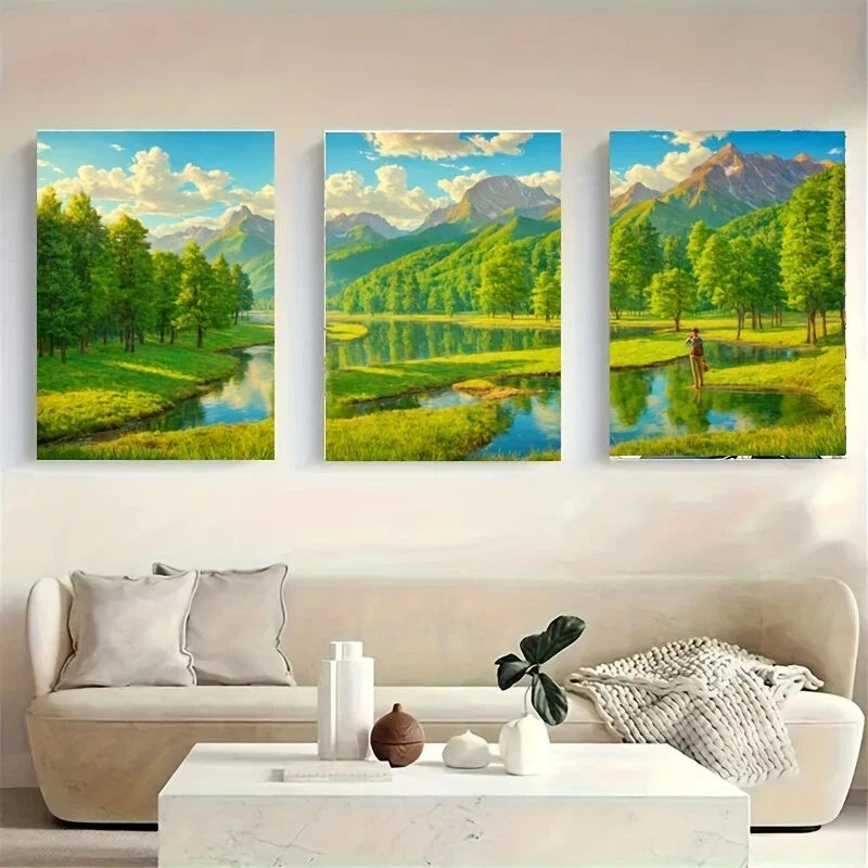 3-Piece Scenic Landscape River & White Wolf Metal Wall Art Prints - Ready to Hang Home Decor for Living Room, Bedroom & Office