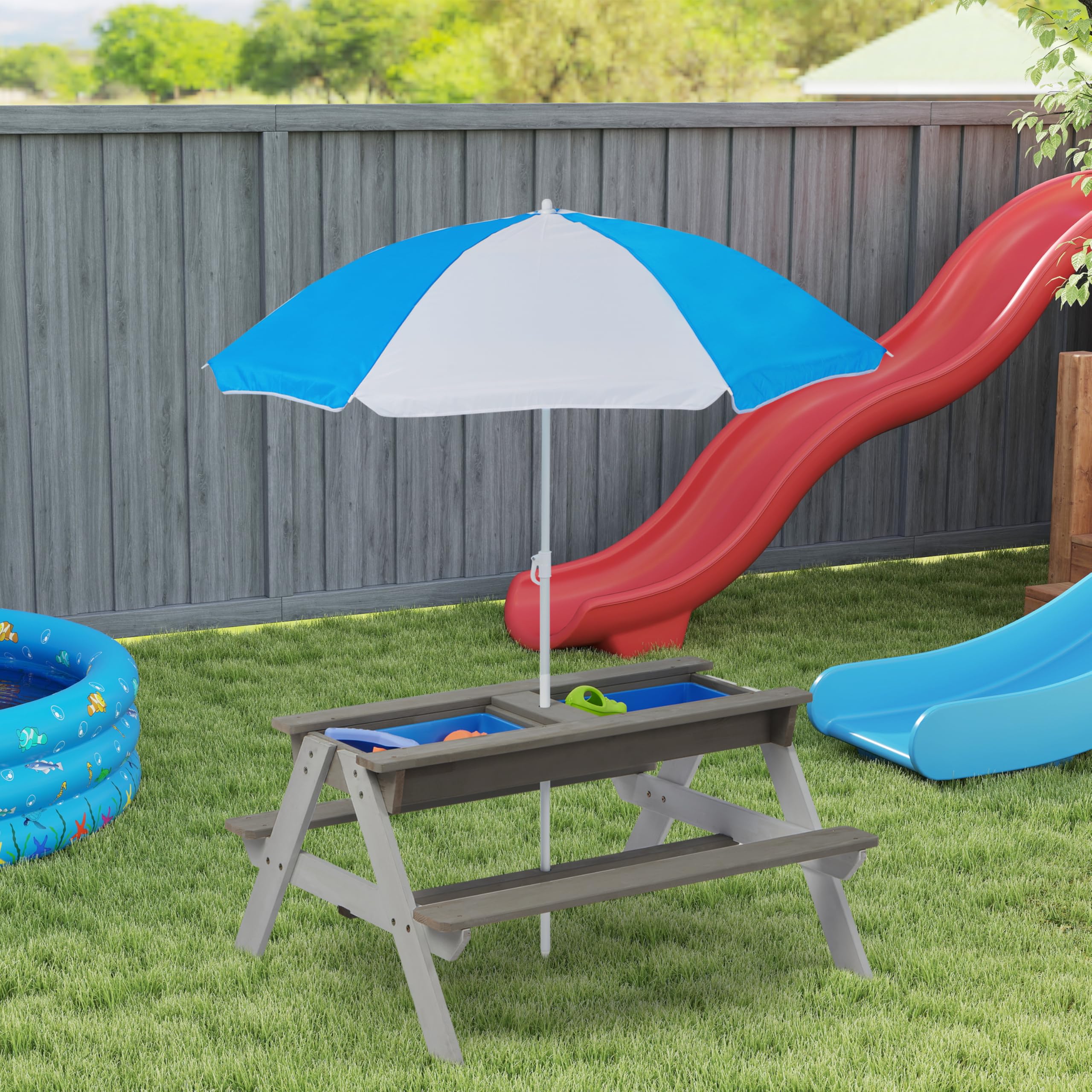 **Wooden Kids Picnic Table with Umbrella - Outdoor Sand & Water Activity Play Table for Backyard, Patio, Garden - Perfect for Toddlers & Preschoolers Playtime**
