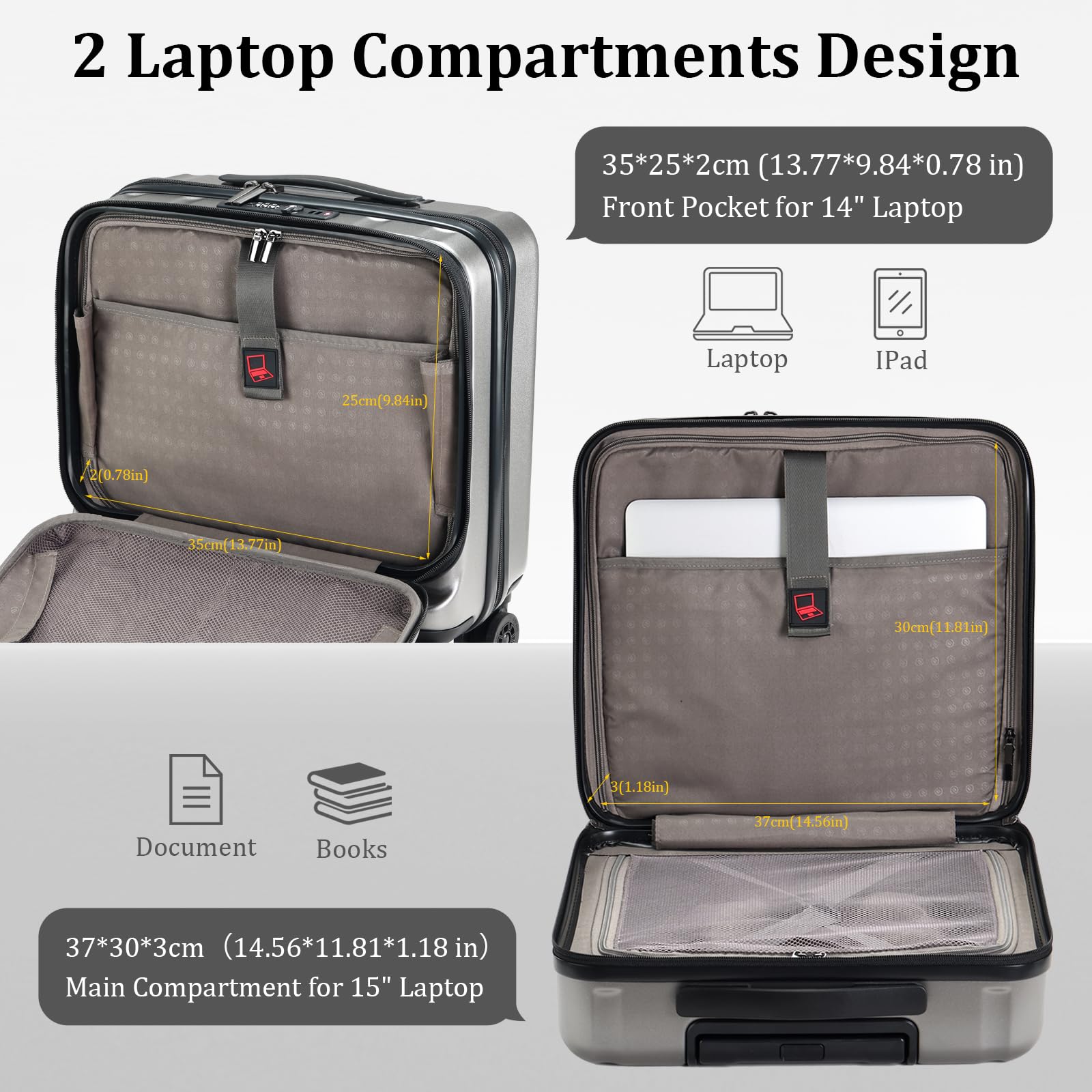16 Inch Carry On Luggage with 2 Compartments - Lightweight Hardshell ABS+PC Suitcase for 14” & 15” Laptop, Spinner Silent Wheels, 16.14x8x17.12” Rolling Briefcase - Perfect for Business Travel, Airplane Cabin & Weekend Getaways (Dark Gray)