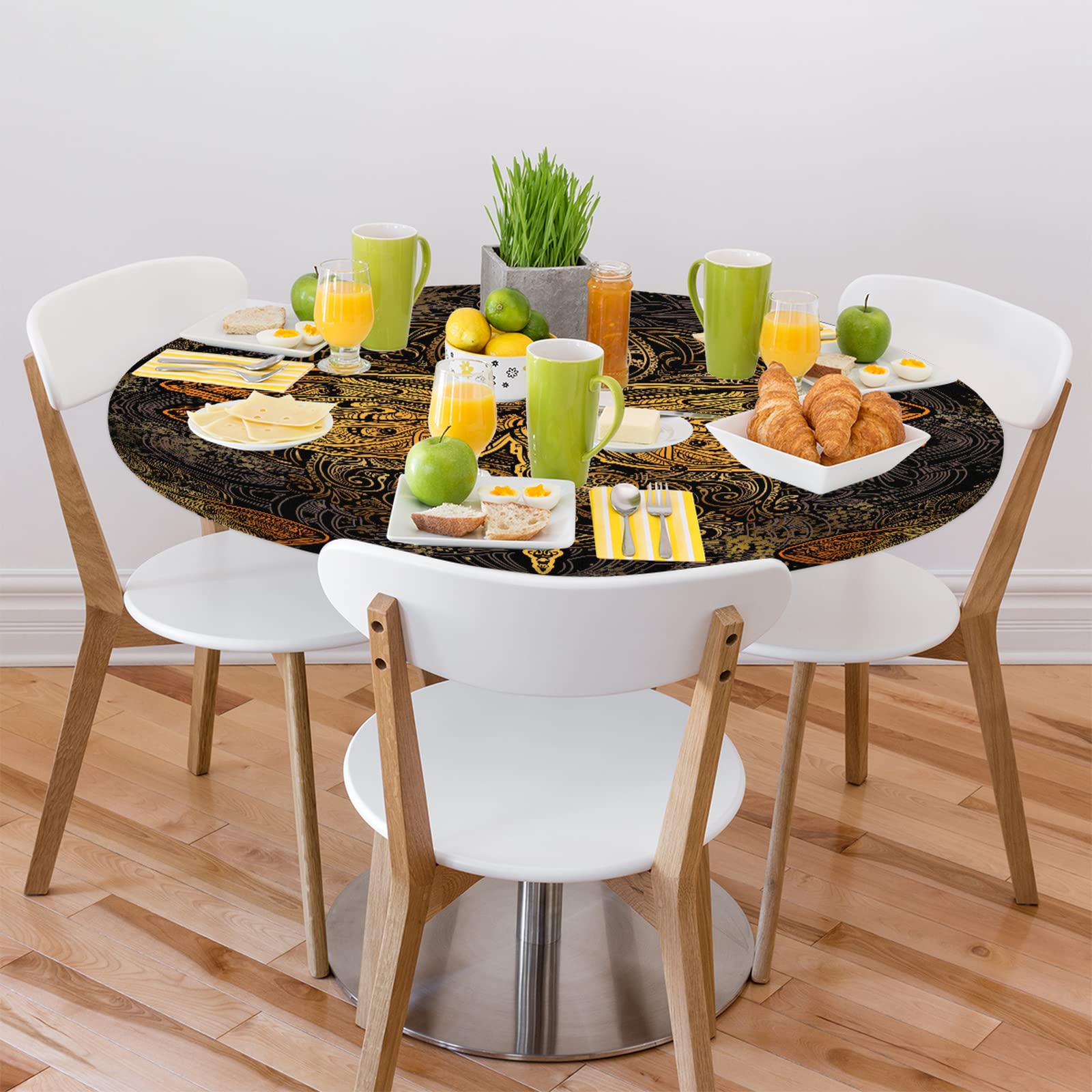 Pardick Golden Dragonfly Round Elastic Tablecloth - Waterproof & Wipeable Fitted Table Cover for 45” to 56” Round Tables - Perfect for Dining Room, Outdoor Patio, and Special Occasions