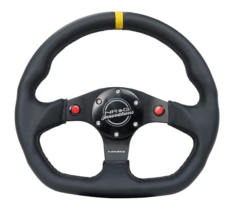NRG Innovations 320mm Flat Bottom Sport Steering Wheel - Leather Wrapped, Reinforced Design, Dual Push Buttons with Yellow Center Mark - Perfect for Racing Simulators & Performance Car Upgrades