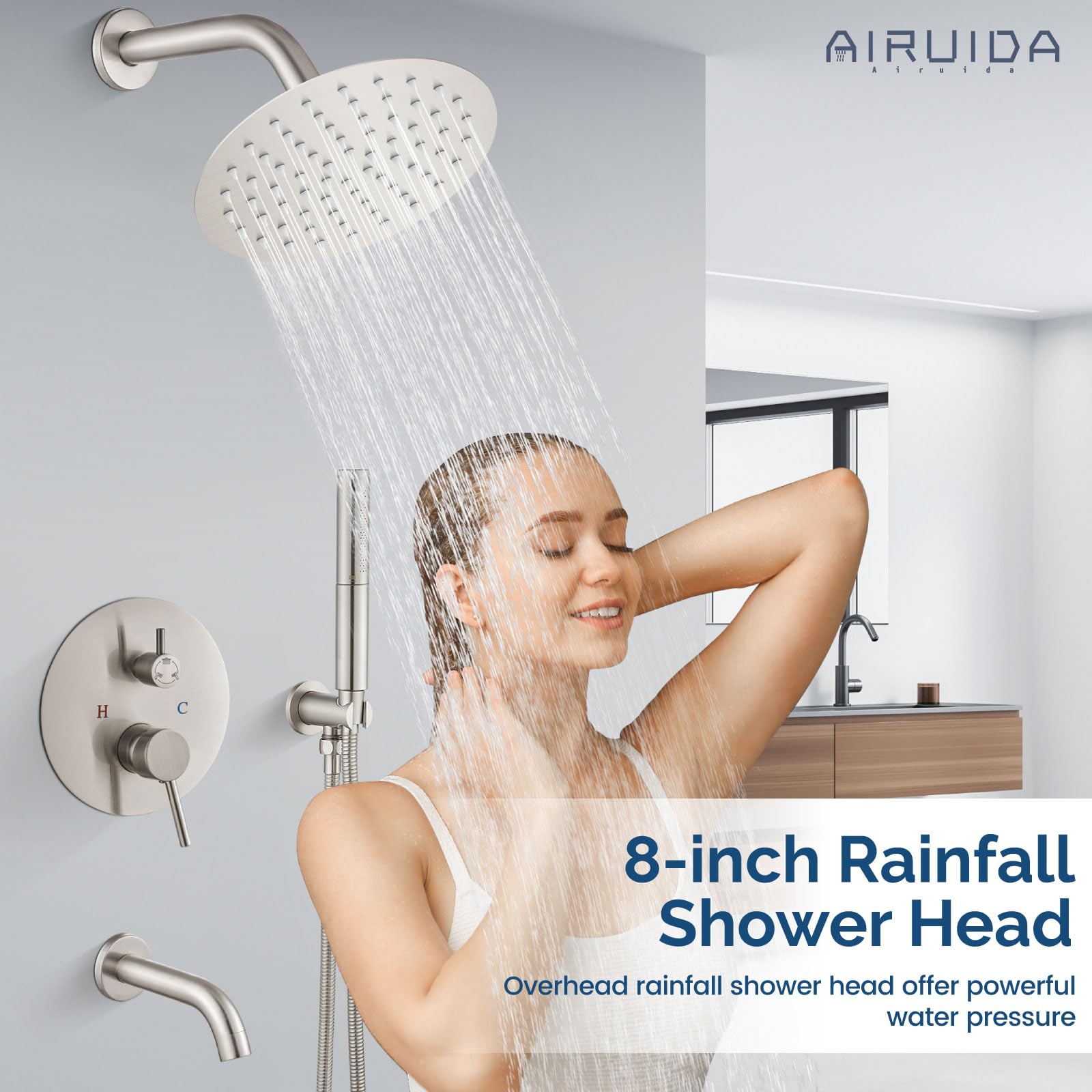 Airuida 8 Inch Round Shower System Set - 3 Function Wall Mount Rain Shower Faucet with 2 Function Handheld Showerhead & Tub Spout - Brushed Nickel Finish - Perfect for Bathroom Renovation & Spa-Like Shower Experience