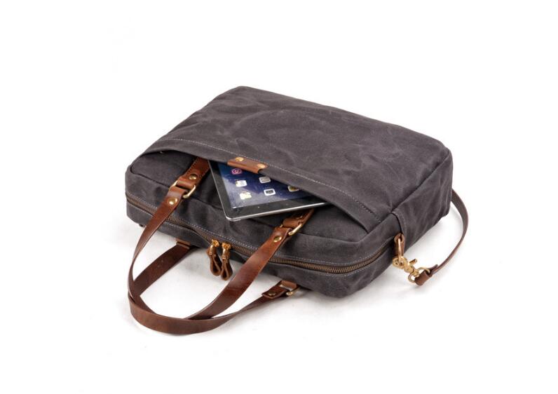 Stylish Grey Unisex Canvas & Leather Briefcase Bag for Work, Travel, and Business - Durable Laptop Messenger Bag for Men & Women
