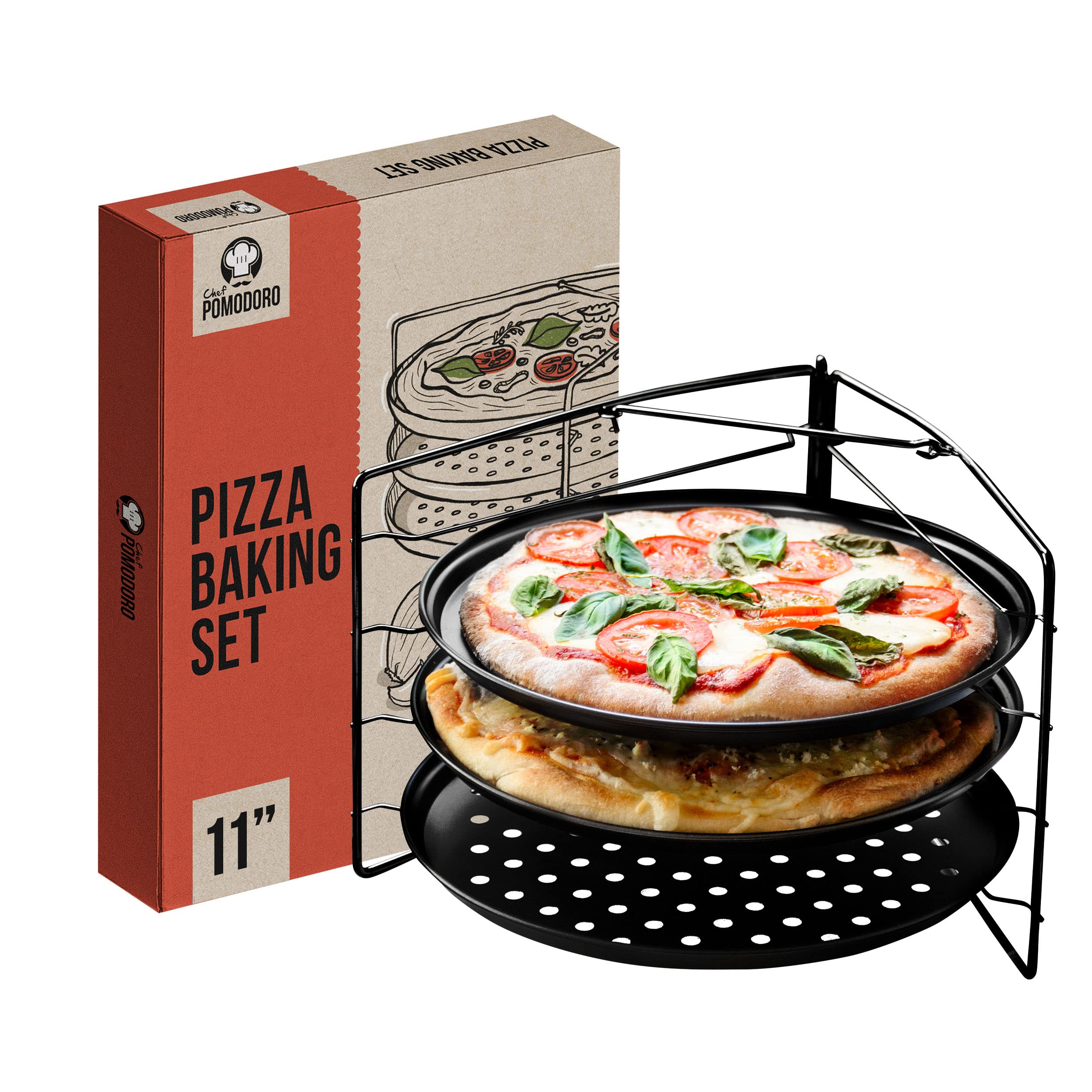 Chef Pomodoro 3-Piece Pizza Baking Set - 11-Inch Non-Stick Perforated Pizza Pans & Rack for Oven, Grill & BBQ | Perfect for Home Baking, Restaurant Use & Outdoor Cooking