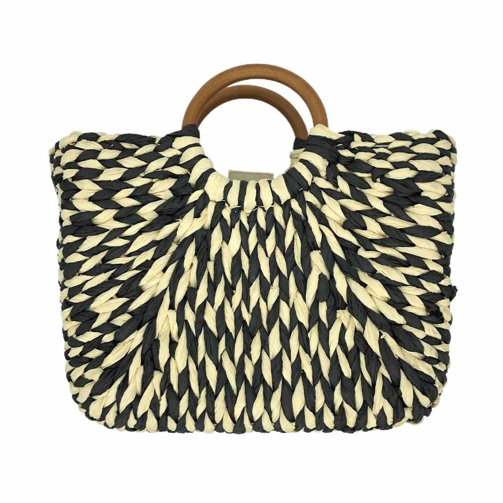 Hand-Woven Straw Beach Bag with Wooden Handle - Women's Rattan Bucket Bag for Seaside, Vacation & Summer Outfits - Black & White Striped Design (Color: 01) | Perfect for Beach Trips, Picnics & Boho Fashion