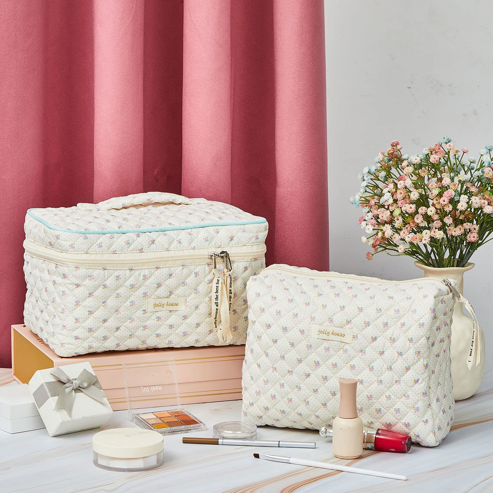 Zeyune 2 Pack Large Cotton Quilted Makeup Bag for Women - Floral Cosmetic Travel Organizer with Skincare Pouch | Perfect for Travel, Gym & Daily Beauty Essentials (Floral Style)