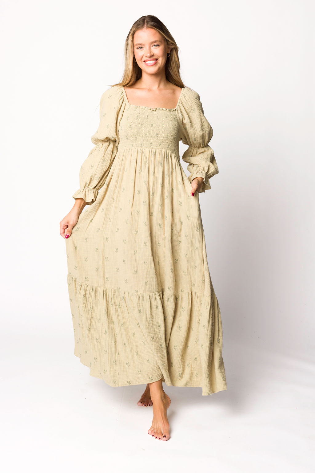 Emerson 100% Cotton Bump Friendly Maternity Maxi Dress in Thyme Green - Perfect for Pregnancy, Nursing, and Summer Casual Wear