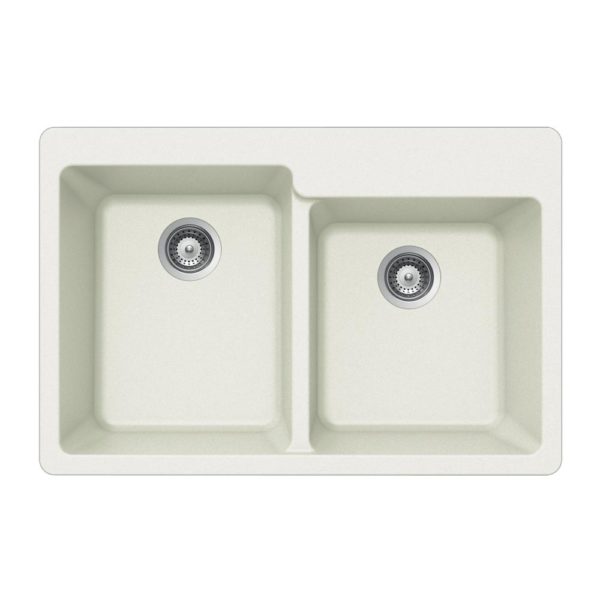 Hamat SIO 3322DTR WH 60/40 Double Bowl Granite Composite Kitchen Sink - White, Top Mount for Modern Farmhouse & Contemporary Kitchens