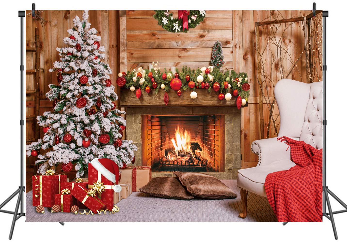 LTLYH 7x5ft Rustic Wooden Fireplace Christmas Backdrop - Holiday Family Photo Background for Xmas Eve Party Decor, Tree Photography Scene, Home Celebration & Social Media Content