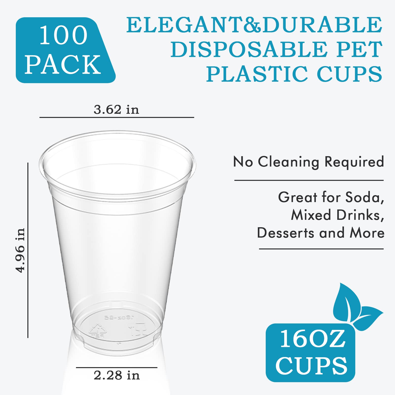 Turbo Bee 100 Pack 16 oz Clear Disposable Plastic Cups - Crystal Clear Party Cups for Iced Coffee, Smoothies, Slurpees & Cold Beverages - Perfect for Parties, BBQs, Picnics & Outdoor Events