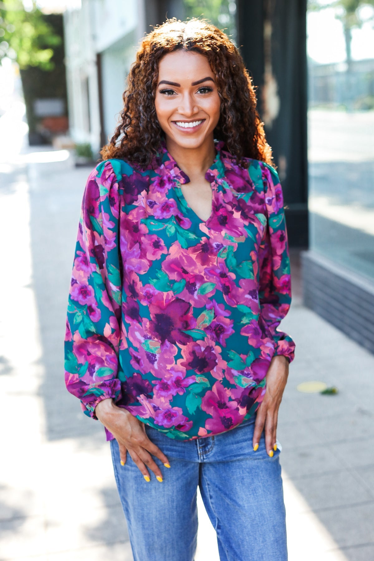 Stylish Hunter Green Watercolor Floral Print Notch Neck Blouse - Elegant Women's Tops for Casual Wear, Office Outfits & Spring Fashion