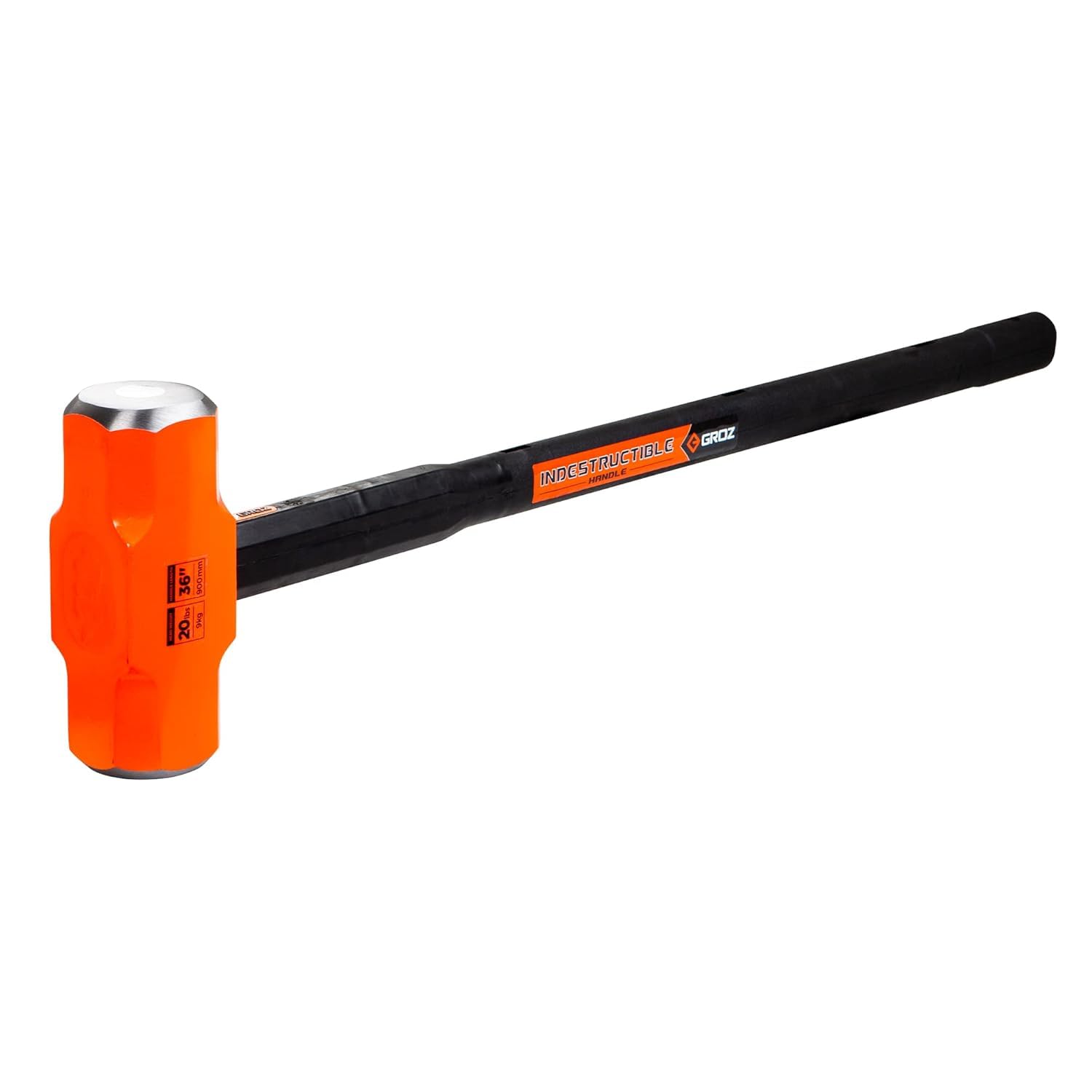 Groz Heavy Duty 20lb Sledge Hammer with 36-Inch Unbreakable Handle - Hardened Steel Head (52 HRC) | Steel Locking Plate | High-Visibility Head | Vulcanized Rubber Grip (Model 34524) - Perfect for Demolition, Construction & Heavy-Duty Work