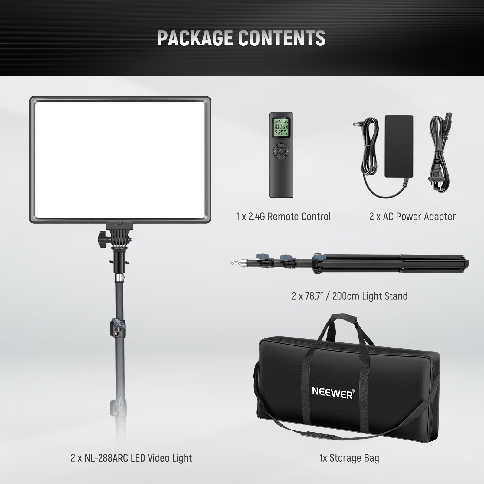 NEEWER 2 Pack NL 288ARC Bi-Color LED Panel Light Stand Kit with Adjustable Brightness & Color Temperature - Perfect for Photography, Videography, YouTube Studio and Live Streaming