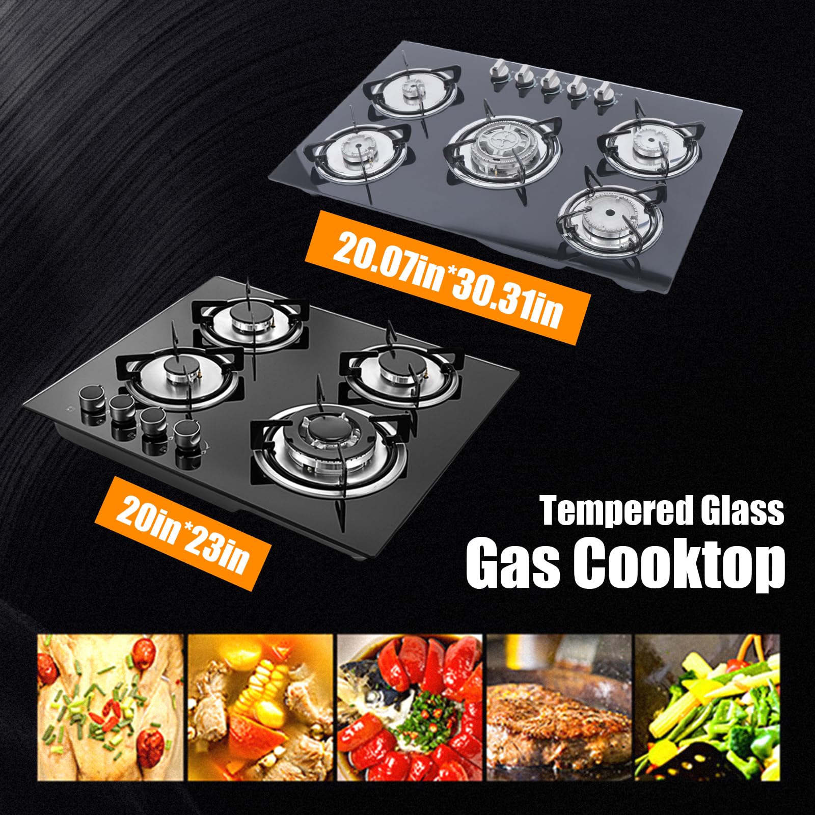 TBVECHI 23 Inch 4 Burner Built-in Gas Cooktop - LPG/NG Compatible Tempered Glass Stove (590x510mm) for Modern Kitchens - Fast US Shipping & Stock