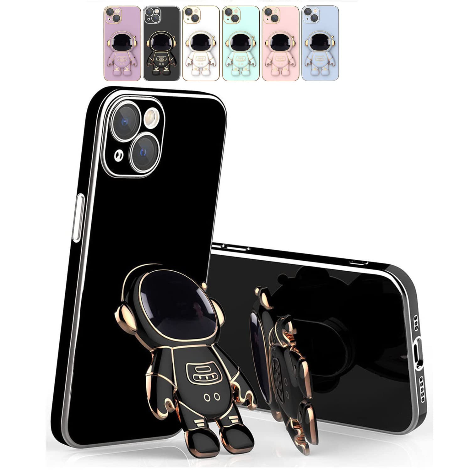 6D Plating Astronaut Phone Case with Stand & Lens Protector for iPhone 13 - Shockproof Protective Cover, Anti-Scratch Film & Hidden Kickstand - Perfect for Work, Travel & Everyday Use (Black)