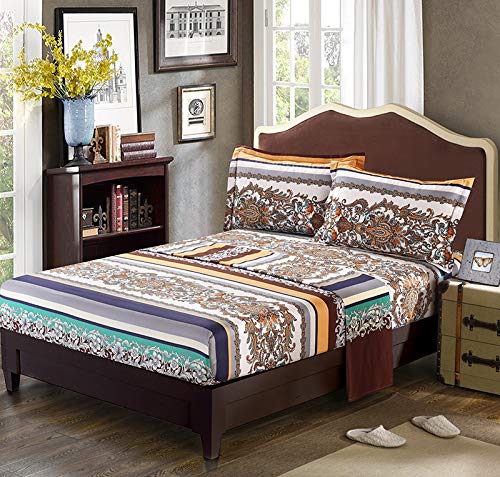 Bohemian Tribal Queen Size Sheet Set - 100% Cotton Boho Floral Retro Indian Striped Bedding with 16