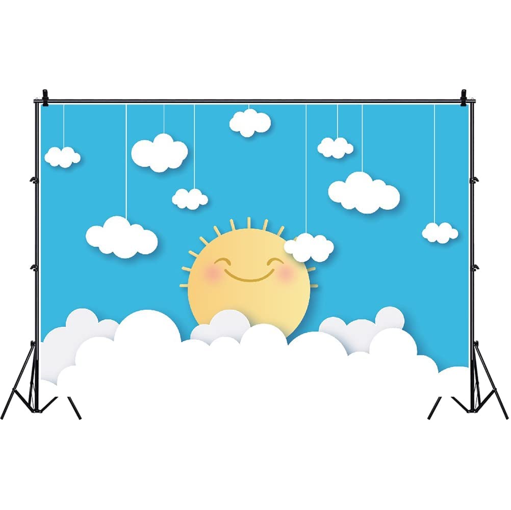 Laeacco 7x5ft Vinyl Baby Photo Backdrop - Cartoon Smiling Sun with Clouds & Blue Sky Design for Newborn Photography, Birthday Parties, Cake Smash & Nursery Decor | Waterproof, Durable Kids Photography Background