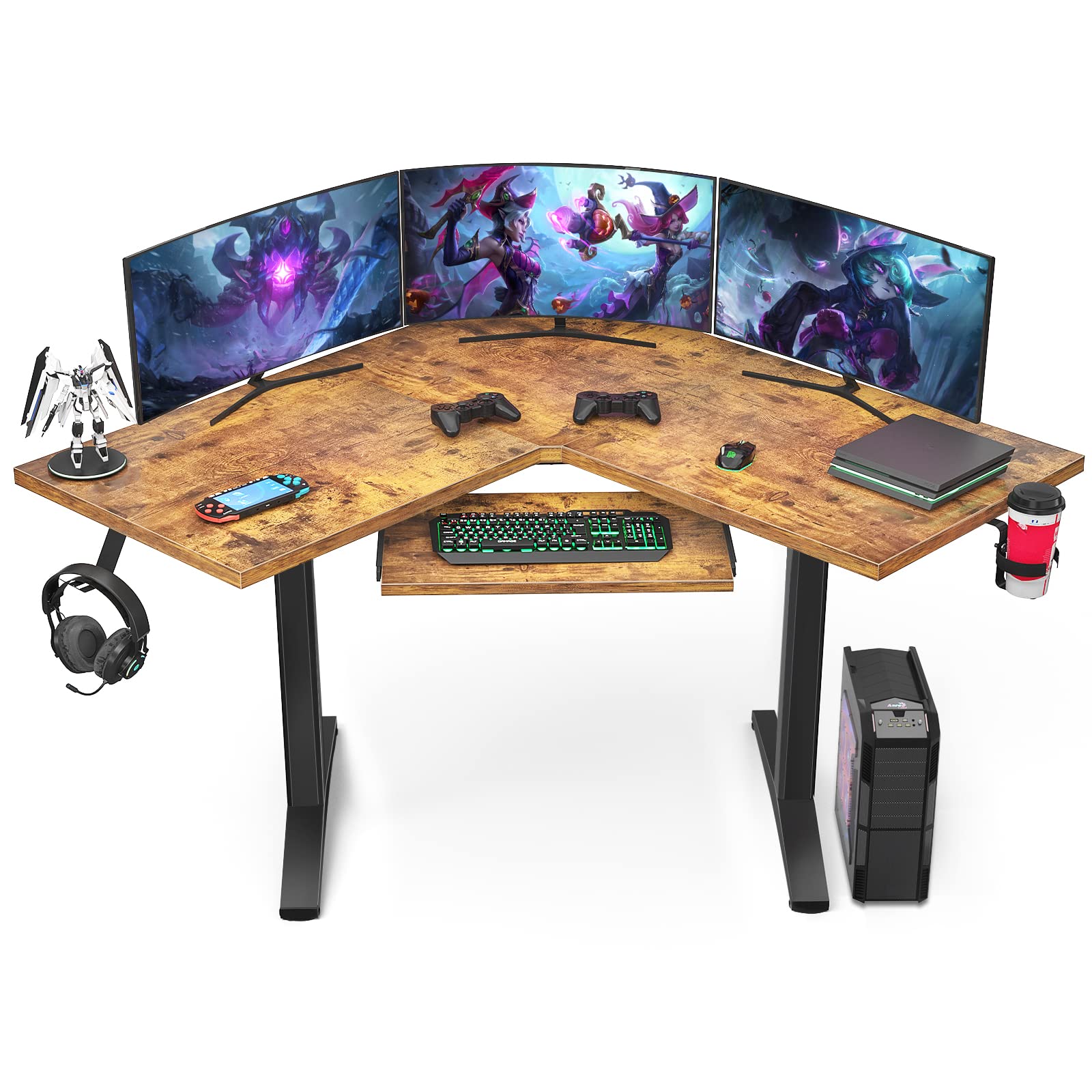 Ecoprsio L-Shaped Gaming Desk - Corner Computer Desk with Keyboard Tray, Large PC Gaming Workstation for Home Office | Rustic Brown | Perfect for Gamers & Remote Workers (Cup Holder & Headphone Hook Included)