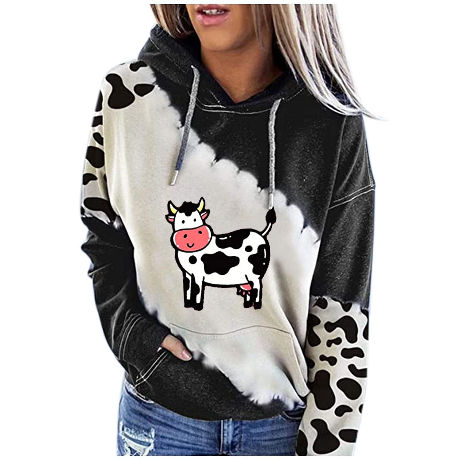 Women's Baggy Cow Print Pullover Hoodie - Long Sleeve Kangaroo Pocket Drawstring Sweatshirt | Casual Loungewear, Streetwear Fashion & Winter Outerwear