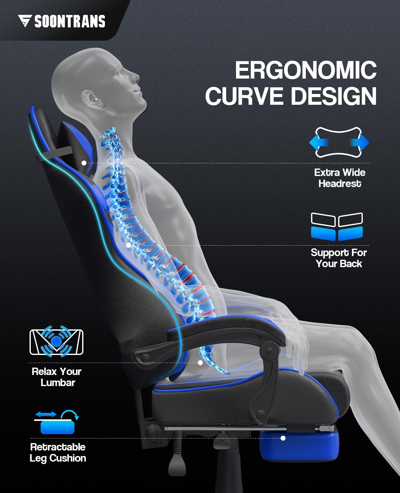 Soontrans Storm Blue Ergonomic Gaming Chair with Adjustable Footrest, Height-Adjustable Headrest & Lumbar Support - Perfect for PC Gaming, Office Work & Home Study - Comfortable Computer Desk Chair for Gamers & Professionals