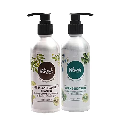 Vilvah Store Anti-Dandruff Herbal Shampoo & Cream Conditioner Set - 200ml Each - Natural Scalp Care for Dry, Itchy Scalp - Perfect for Daily Hair Wash Routine & Dandruff Control