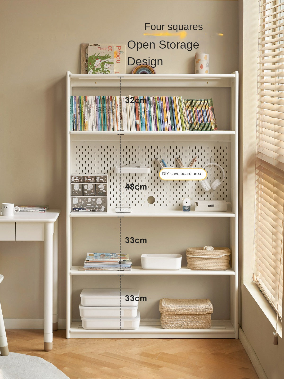 Birch Solid Wood Bookshelf - Modern Cream Floor Standing Bookcase with Adjustable Study Desk for Kids | Perfect for Children's Bedroom, Nursery, and Home Office Organization
