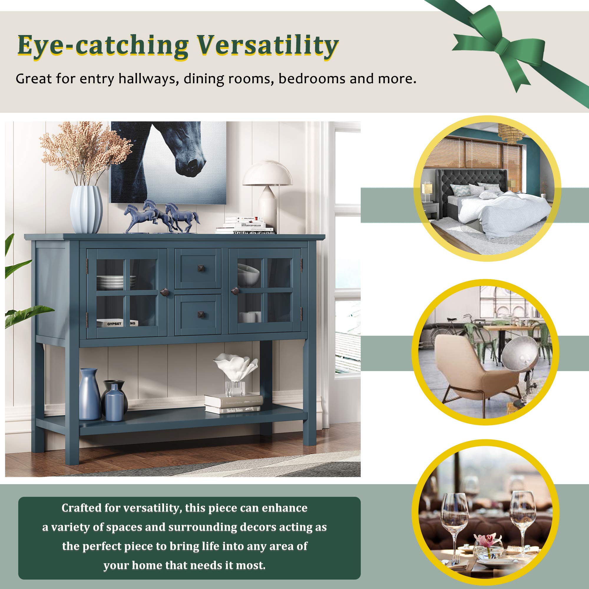 Modern Solid Wood Console Table with 2 Drawers & 2 Cabinets - Entryway Sofa Table with Storage Shelf for Living Room, Bedroom, Hallway - Easy Assembly Blue Wooden Hall Table for Home Decor & Organization