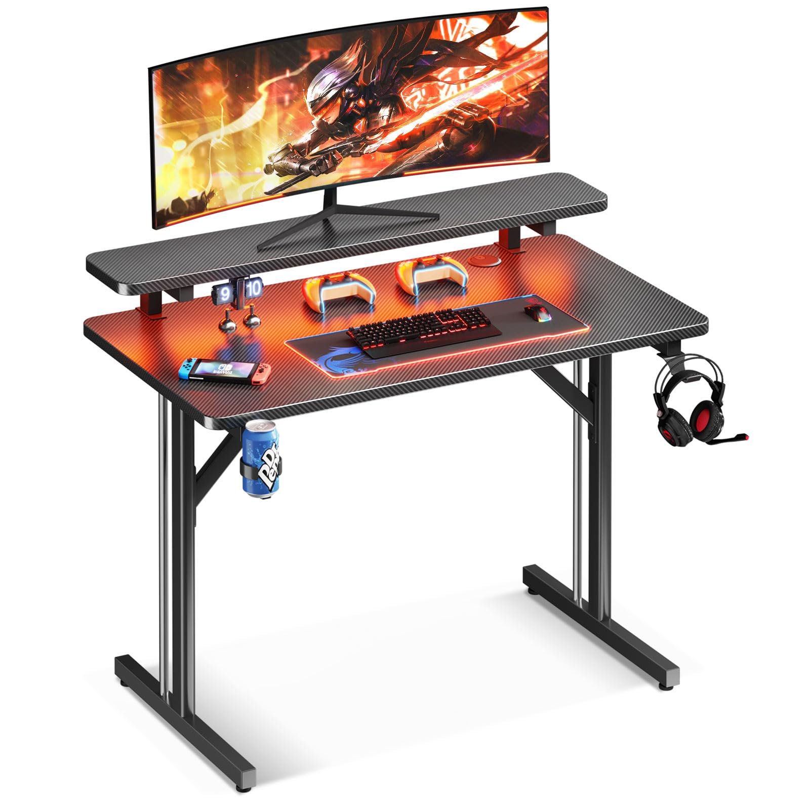MOTPK 31 Inch Small Gaming Desk with LED Lights & Monitor Shelf - Carbon Fiber Texture PC Computer Desk for Gamers, Kids & Boys - Perfect for Home Office, Gaming Setup & Study Room