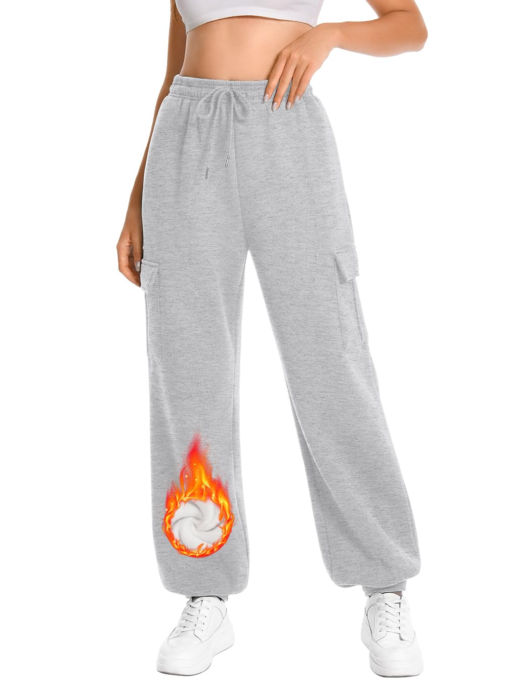 Women's Fleece Cargo Joggers - High Waisted Baggy Sweatpants with Drawstring & 4 Pockets, 31
