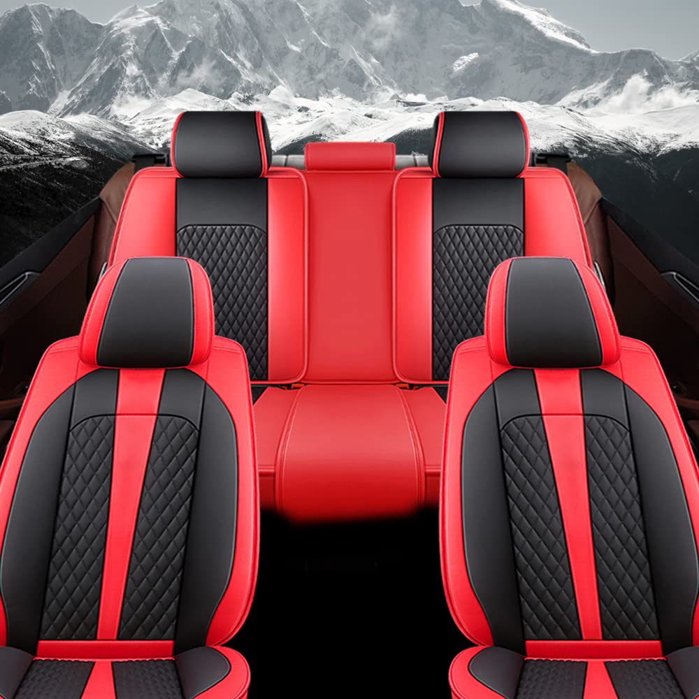 Premium XL-7 Luxury Leather Car Seat Covers - Waterproof, Scratchproof & Non-Slip Protection | Full Set with Airbag Compatibility (Black/Red) | Perfect for SUVs, Trucks & Long-Distance Driving