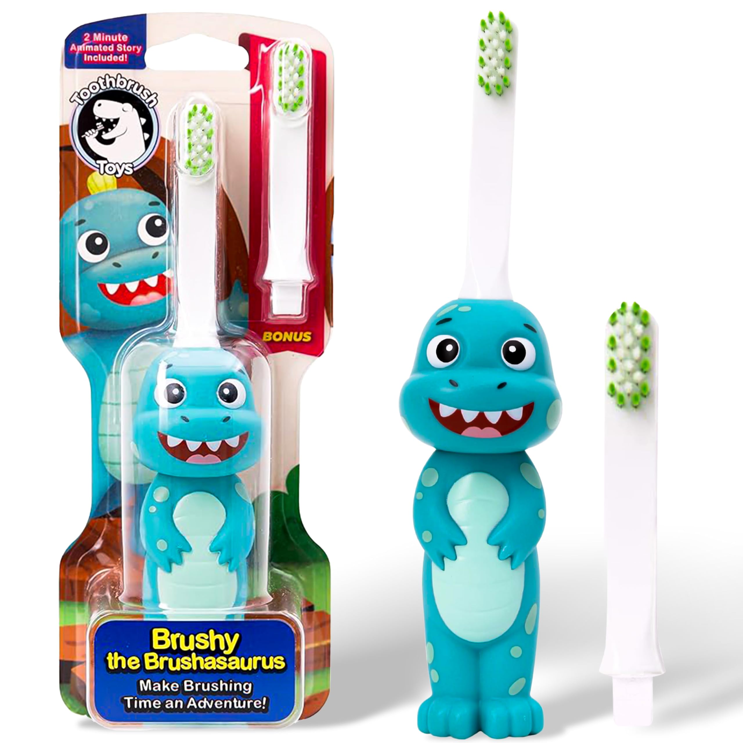 Dinosaur Toothbrush for Kids Ages 2+ | Soft Bristles & Replaceable Brush Head | Gentle & Cute Children's Toothbrush with Ergonomic Handle | Perfect for Toddler Teeth Care & Bath Time Routine