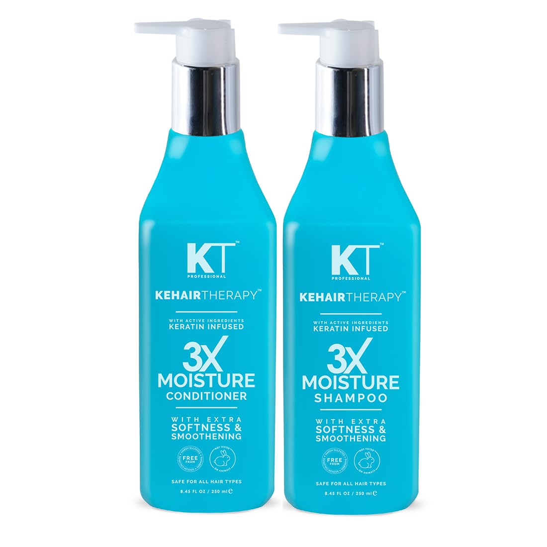 KT Professional Keratin Protein Sulfate-Free 3X Moisture Shampoo & Conditioner Set (2 x 250ml) - Hydrating Hair Care for Dry, Damaged & All Hair Types - Salon-Quality Moisture Boost for Soft, Shiny Hair at Home