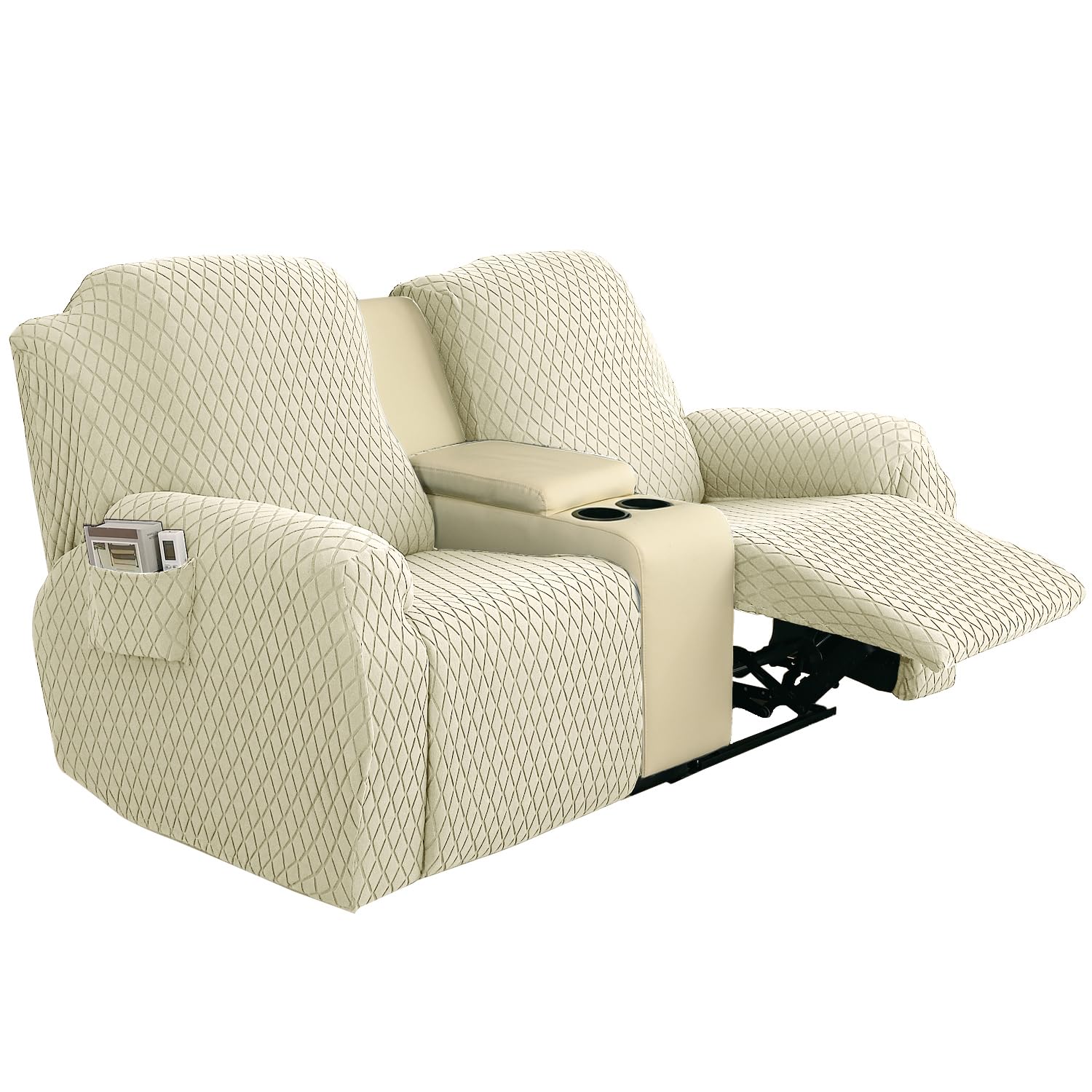 2 Seater Recliner Sofa Cover Protector - Thick Jacquard Slipcover with Pockets for Loveseat & Couch - Beige Furniture Protector for Living Room, Bedroom, and Home Theater Use