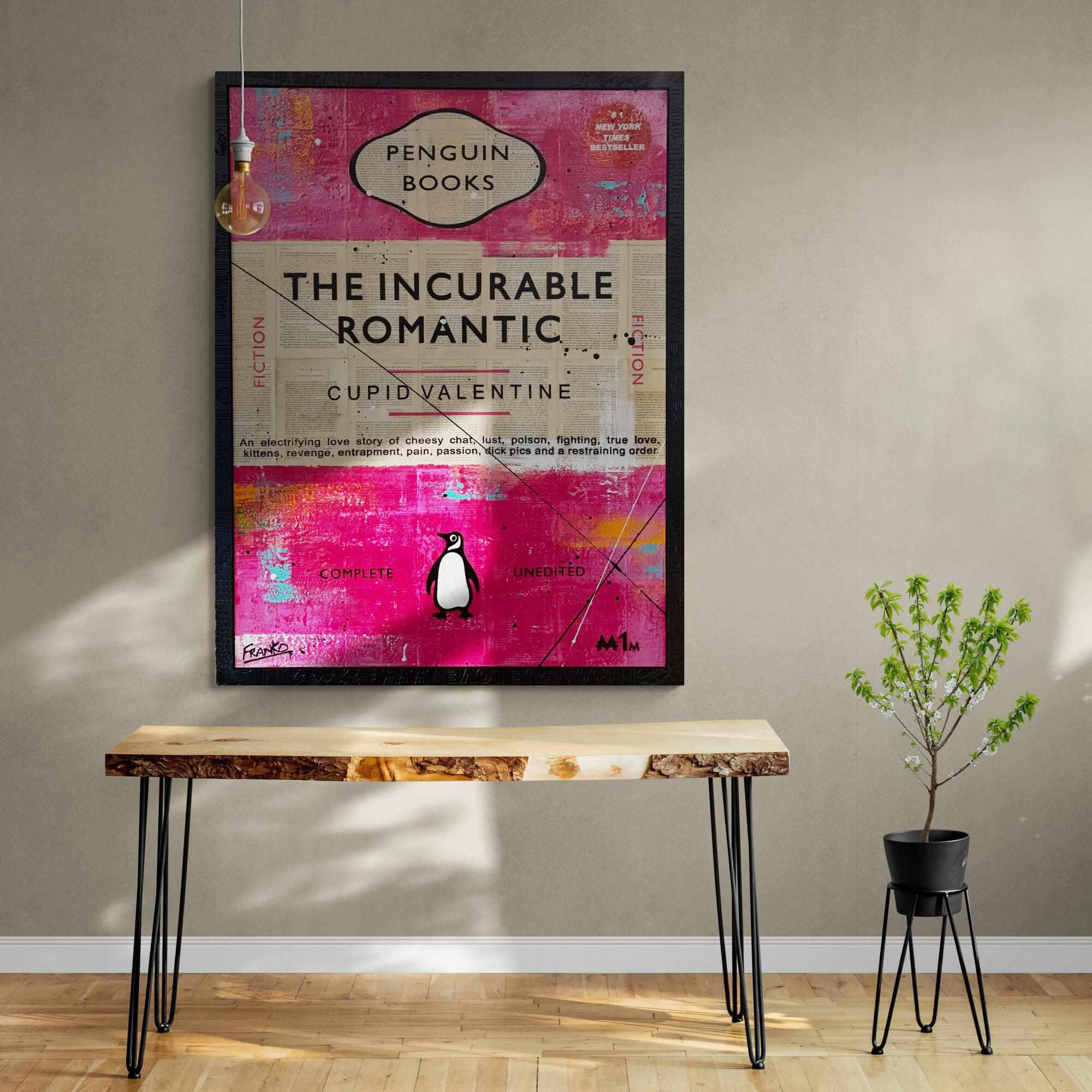 The Incurable Romantic - 75cm x 100cm Urban Pop Art Book Club Painting with Custom Etched Frame - Perfect for Living Room Decor, Bedroom Wall Art & Book Lover Gifts