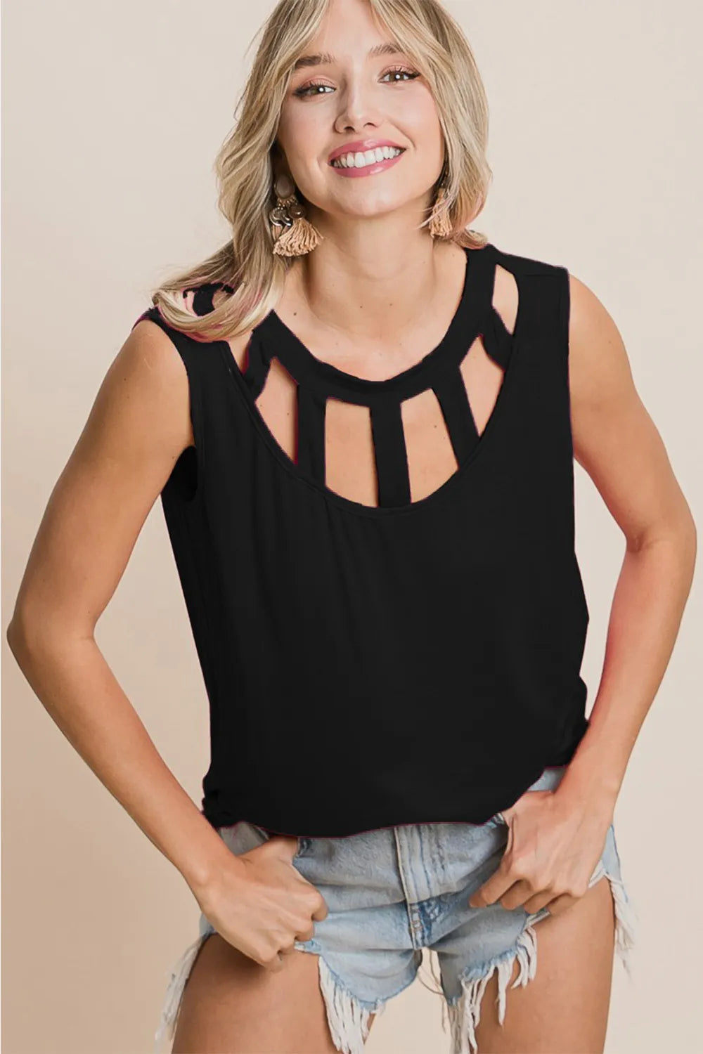 BiBi Women's Cutout Round Neck Sleeveless T-Shirt - Sexy Summer Casual Top for Beach, Party & Date Night