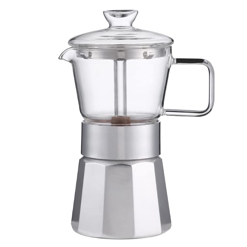 Moka Stovetop Espresso Maker - 240ml (6 Cup) Italian Coffee Pot with Crystal Glass Top & Aluminum Body - Perfect for Home Brewing, Camping & Gifts