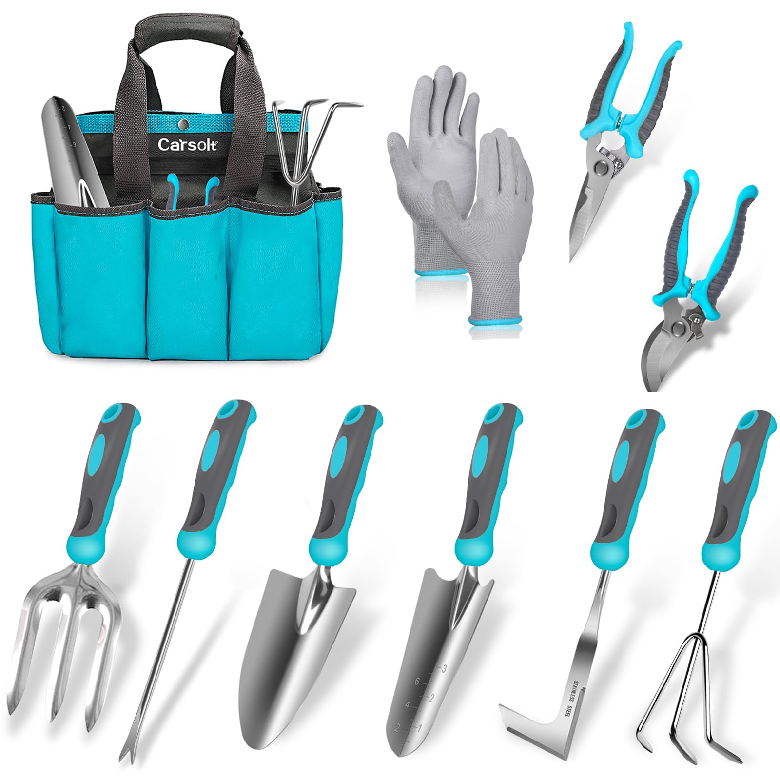 **Carsolt 10-Piece Heavy Duty Stainless Steel Garden Tools Set with Ergonomic Rubber Handle – Durable Planting & Weeding Hand Tools Kit in Gift Box – Perfect for Home Gardening, Landscaping & Outdoor Gifts**