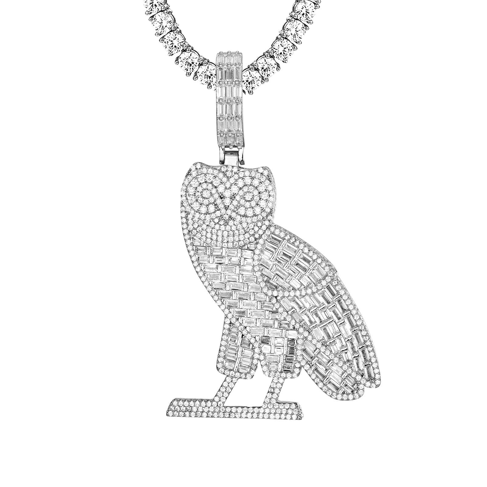 Men's Baguette Owl Micro Pave Iced Out Custom Hip Hop Pendant Necklace - Luxury Hip Hop Jewelry for Men, Perfect for Parties, Gifts & Streetwear Fashion