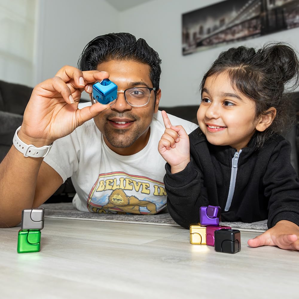QUBI Cube Spinner 4-in-1 Fidget Toy for Anxiety Relief & Focus - Aluminum Alloy Stress Relief Spinner for Kids & Adults with ADHD, Autism - Blue Desktop EDC Fidget Spinner - Perfect for Office, School & Travel Stress Management