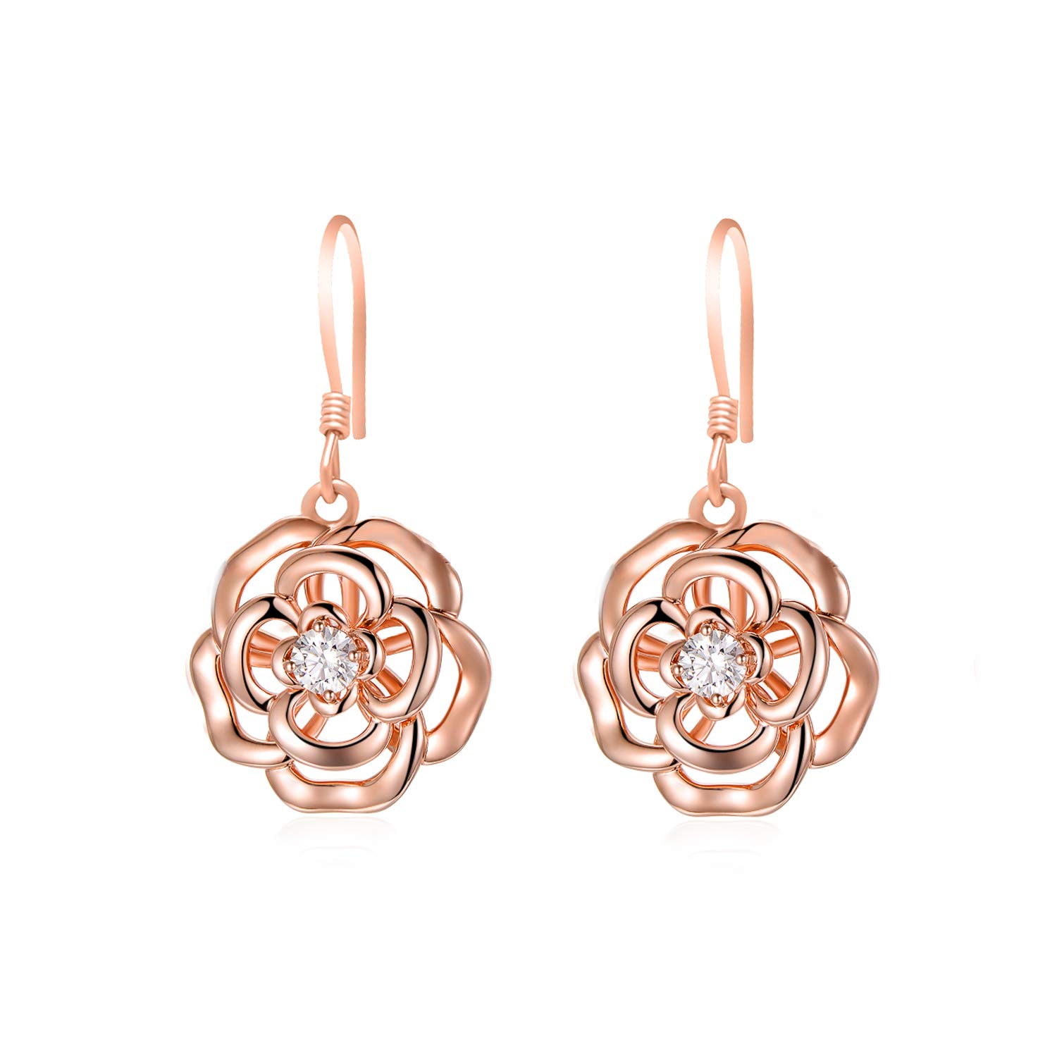 Hypoallergenic Sterling Silver Rose Flower Earrings with Austrian Crystals | Rose Gold Plated Dangle Drop Earrings for Women | Anniversary & Birthday Jewelry Gift | Perfect for Weddings, Date Nights & Special Occasions