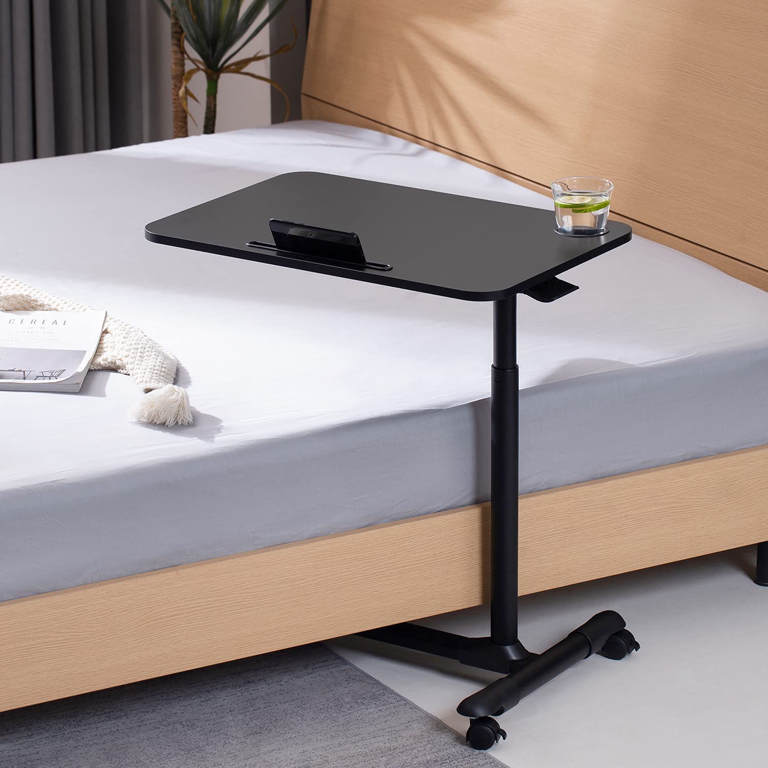 Adjustable Overbed Table with Wheels - Rolling Tray Table for Hospital Bed, Bedside Laptop Desk - Portable Mobile Work Surface for Eating, Working, Reading in Bed (Black) - Perfect for Patients, Elderly Care & Home Office Use
