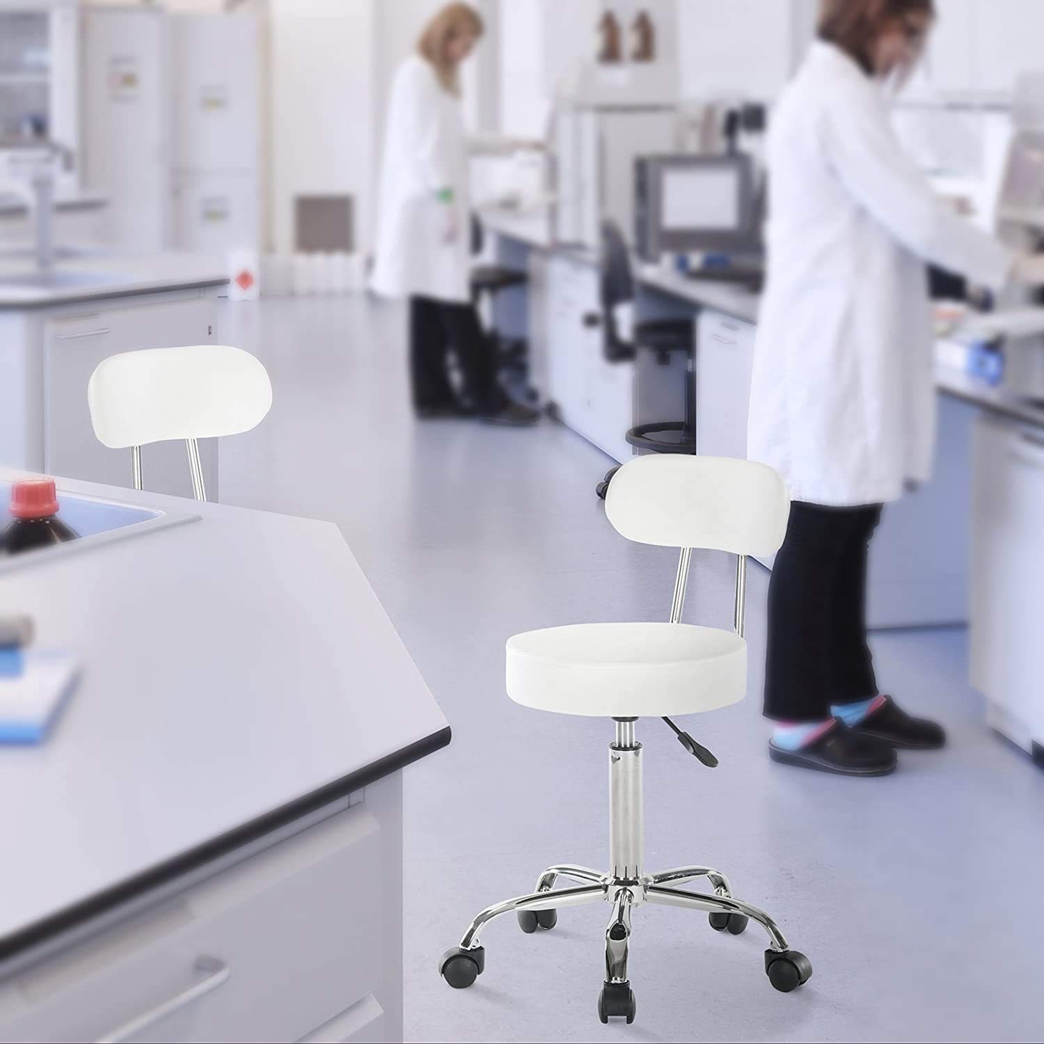 Adjustable Rolling Swivel Stool with Soft Backrest - 360° Swivel Wheels & Metal Frame for Salon, Bar, Spa, Medical, Home Office (White) - Perfect for Hair Styling, Makeup, Massage & Desk Work
